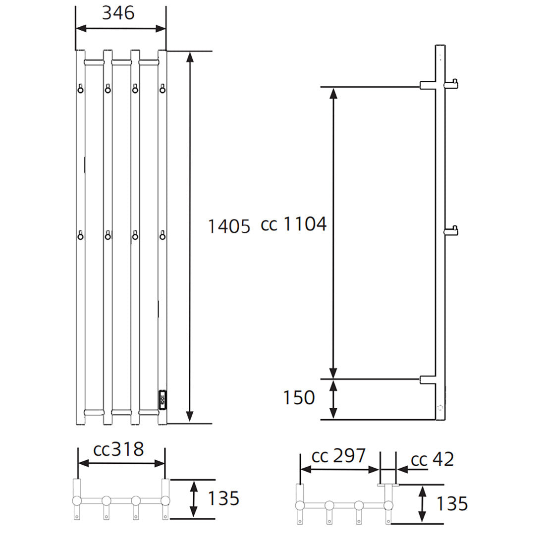 Håndklædetørrer Hafa Grace 340x1400 Sort